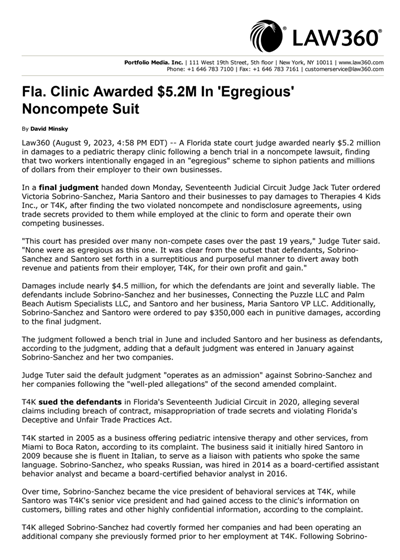 Fla. Clinic Awarded .2M In 'Egregious' Noncompete Suit - Law360