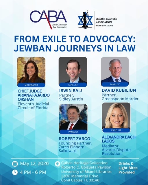 JLA Co-Sponsor Event Flyer - From Exile to Advocacy: Jewban Journeys in Law, May 12, 2026, 4 PM - 6 PM