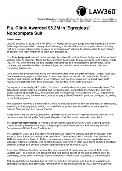 Law360 | Fla. Clinic Awarded .2M In 'Egregious' Noncompete Suit