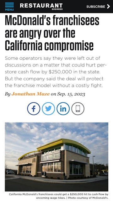 Restaurant Business Magazine: McDonald's franchisees are angry over the California compromise