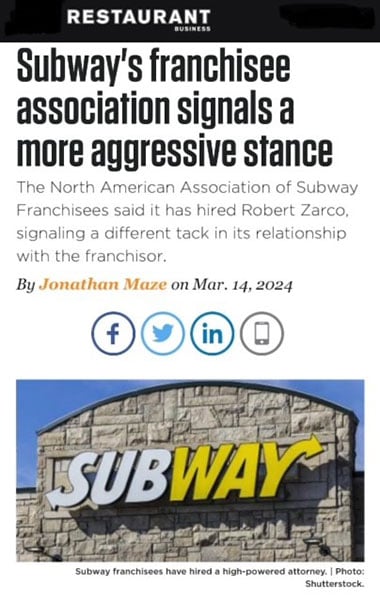 Restaurant Business magazine - Subway's Franchisee Association Signals a More Aggressive Stance