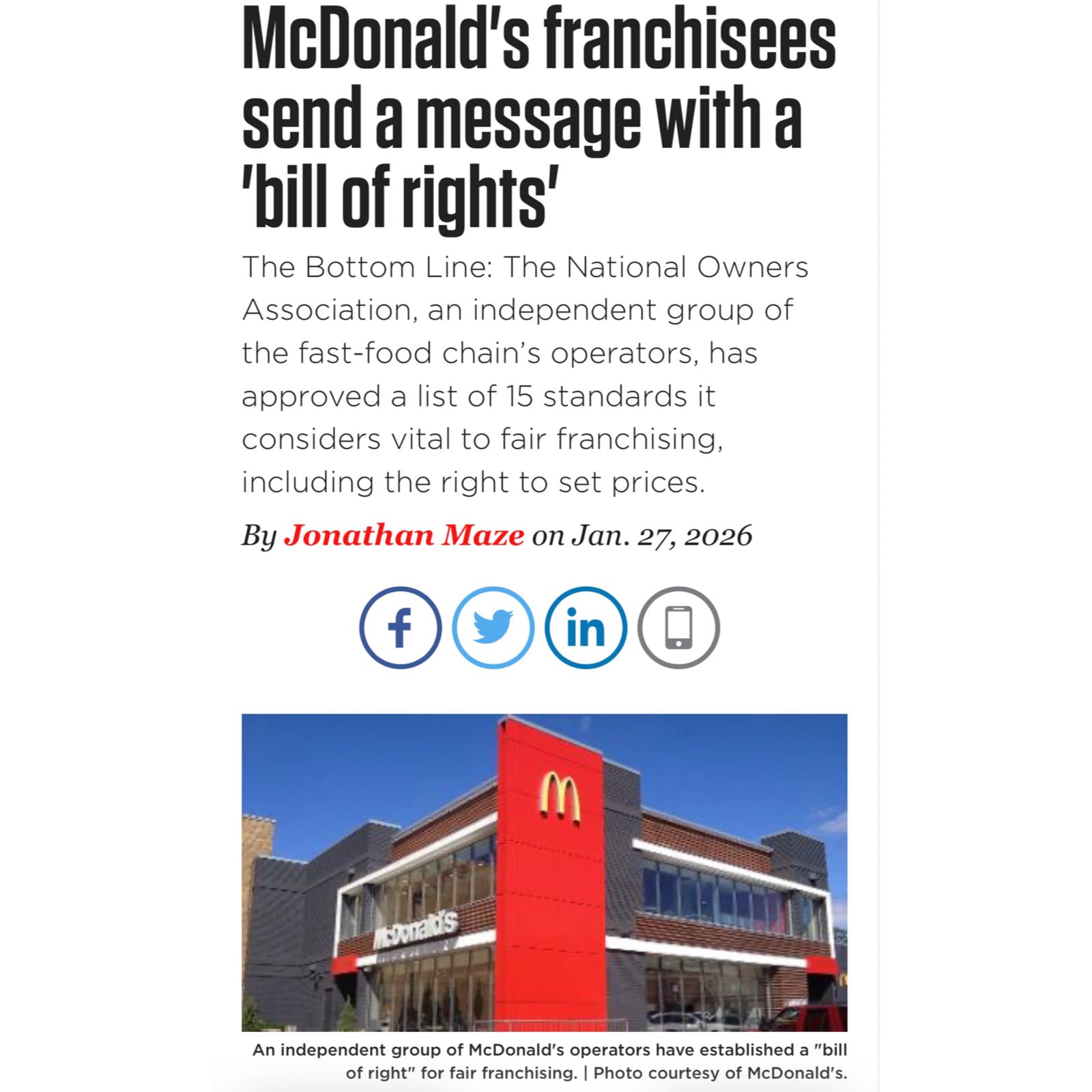 McDonald’s franchisee send a message with a “Bill of Rights”